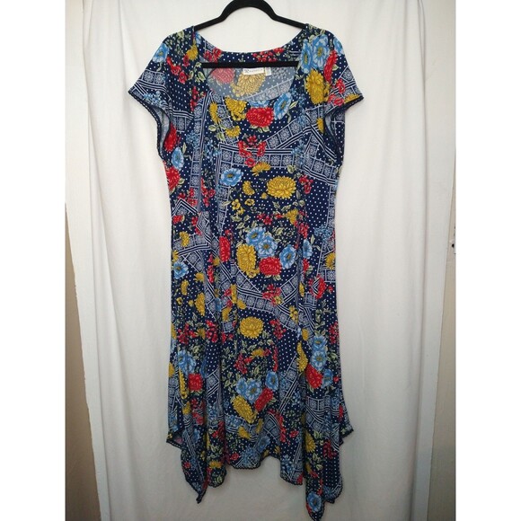 Rafaella Dress Sze XL Colorful Blue Floral Short Sleeve Handkerchief Eyelet Hem - Picture 3 of 9